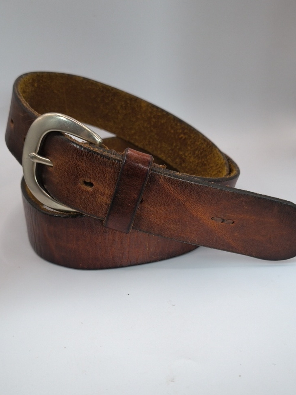 VTG 90s GAP Brown Genuine Cow Leather Belt USA Silver Horseshoe Buckle Solid Bra